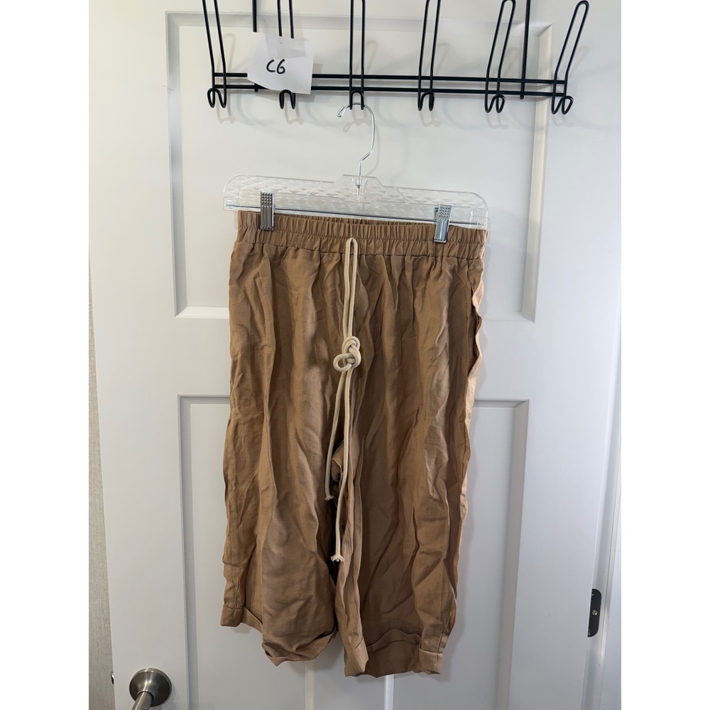 Tan Linen Blend Wide Leg Cropped Pants with Rope Drawstring Medium